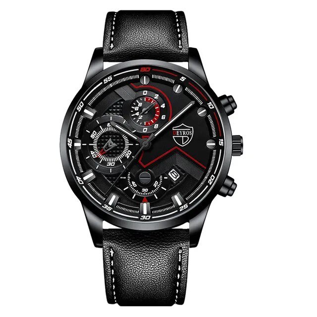 Leather Black Black_Mens es Men Business Casual Stainless Steel Quartz Wrist for Man Calendar Clock 