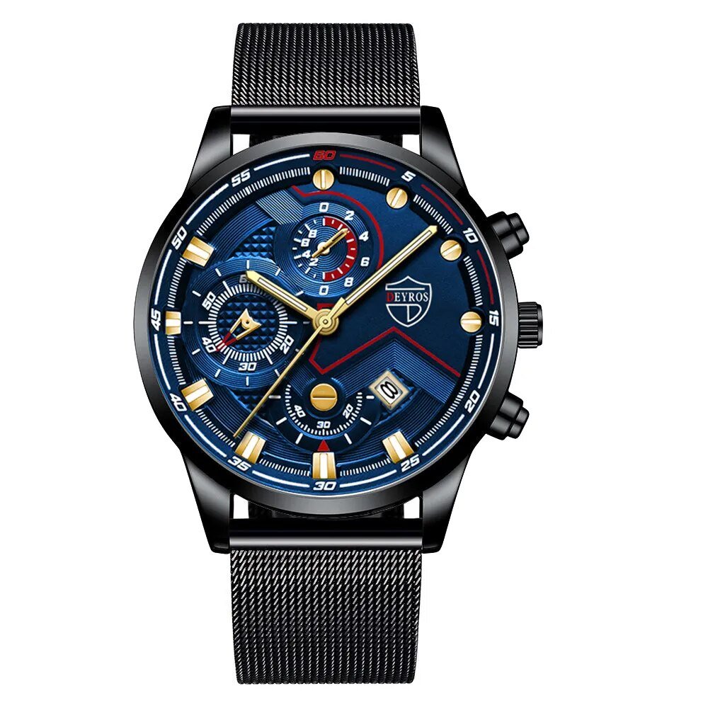 Mesh Black Blue_Mens es Men Business Casual Stainless Steel Quartz Wrist for Man Calendar Clock Leat