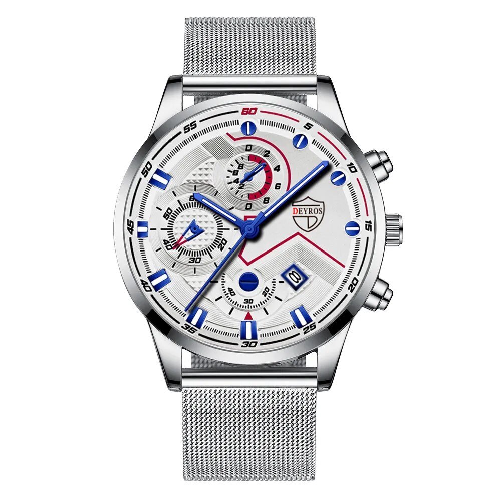 Mesh Silver Blue_Mens es Men Business Casual Stainless Steel Quartz Wrist for Man Calendar Clock Lea