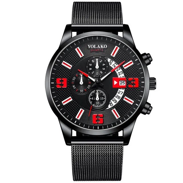 Mesh Black Red_2022 Luxury Mens es Stainless Steel Mesh Belt Quartz Wrist  Luminous Clock Men Busine