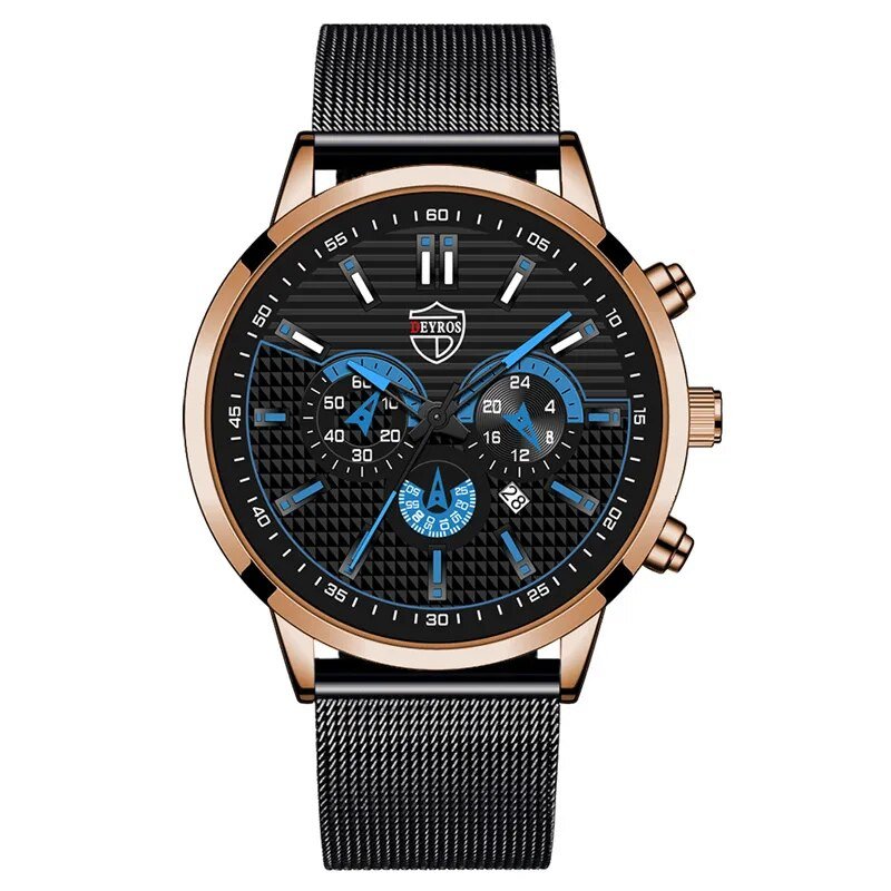 Mesh Rose Blue_Mens es Luxury Gold Stainless Steel Mesh Belt Quartz Wrist  Luminous Clock Men Busine