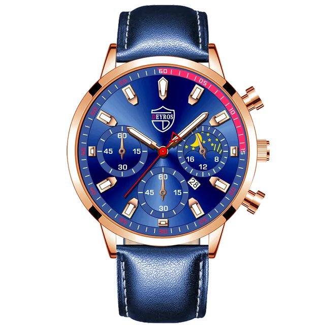 Leather Rose Blue_Mens es Men Business Stainless Steel Quartz Wrist  Luminous Clock Men Casual Leath