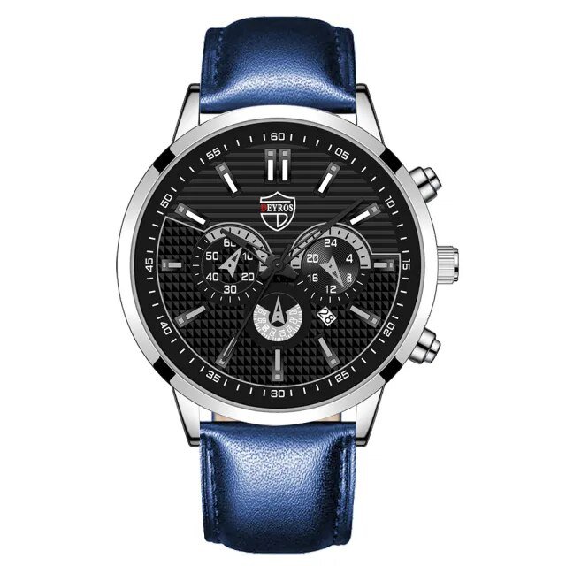 Leather Silver Blue_2022 Luxury Mens Business Leather Quartz Wrist  Men Sports Simple es Calendar Da