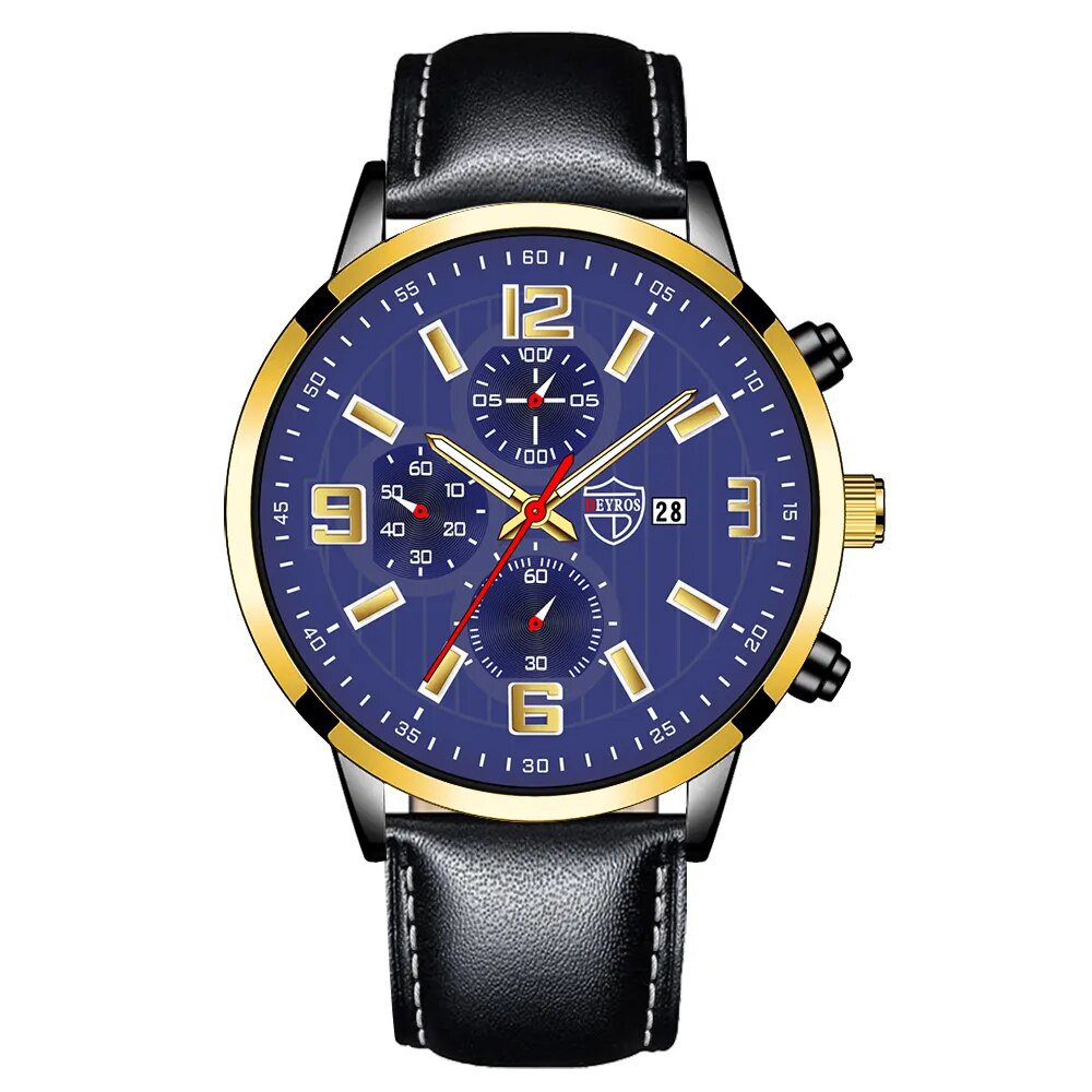 Leather Gold Blue_Mens es Luxury Stainless Steel Mesh Belt Quartz Wrist  Luminous Clock Men Business