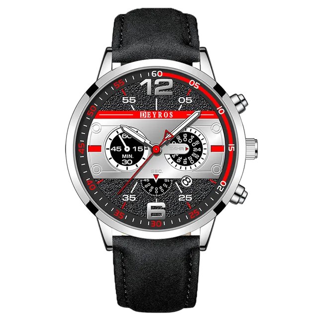 Leather Silver Black_2022 Luxury Mens Black es Men Business Stainless Steel Quartz Calendar Wrist  M