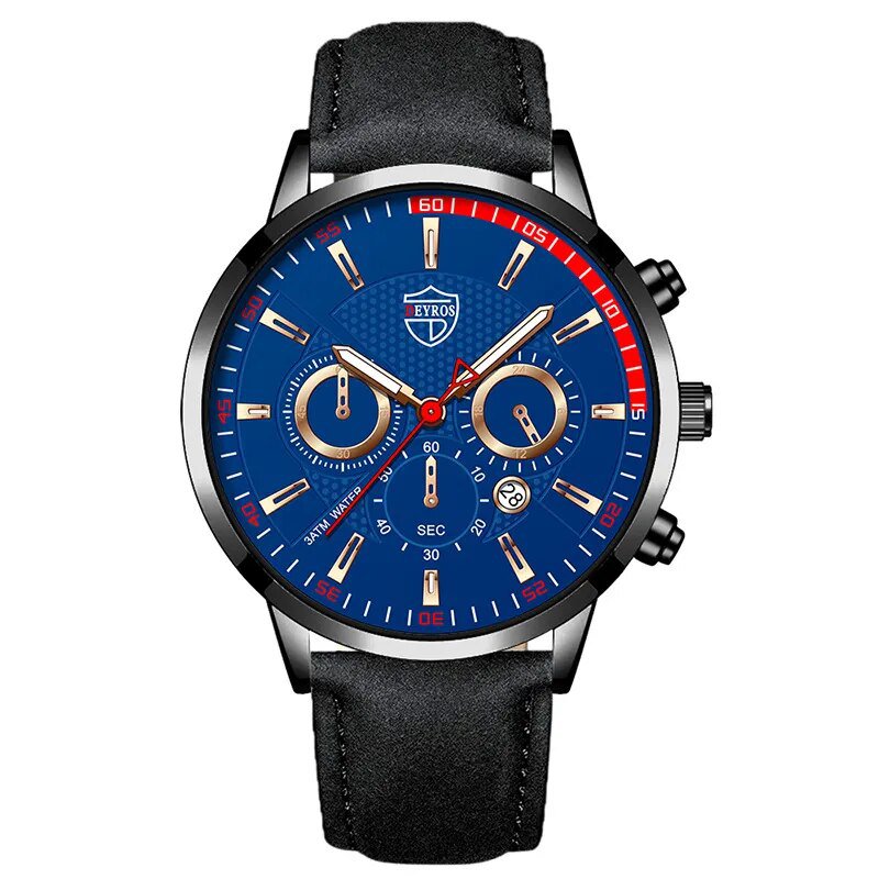 Leather Black Blue_Mens Stainless Steel es Luxury Calendar Quartz Wrist  for Men Business Casual Lea