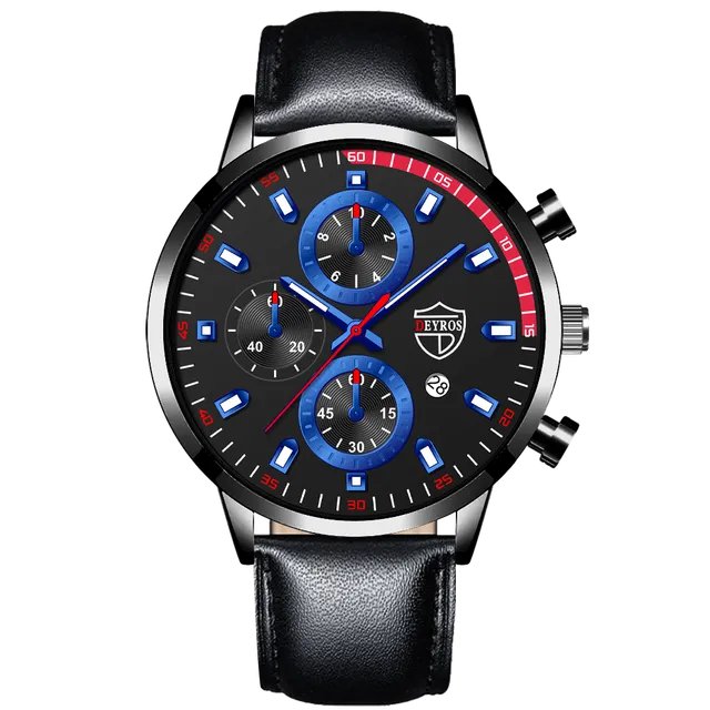 Leather Black Blue_Mens es Stainless Steel Quartz Wrist Luxury Men Business Casual Leather  Luminous