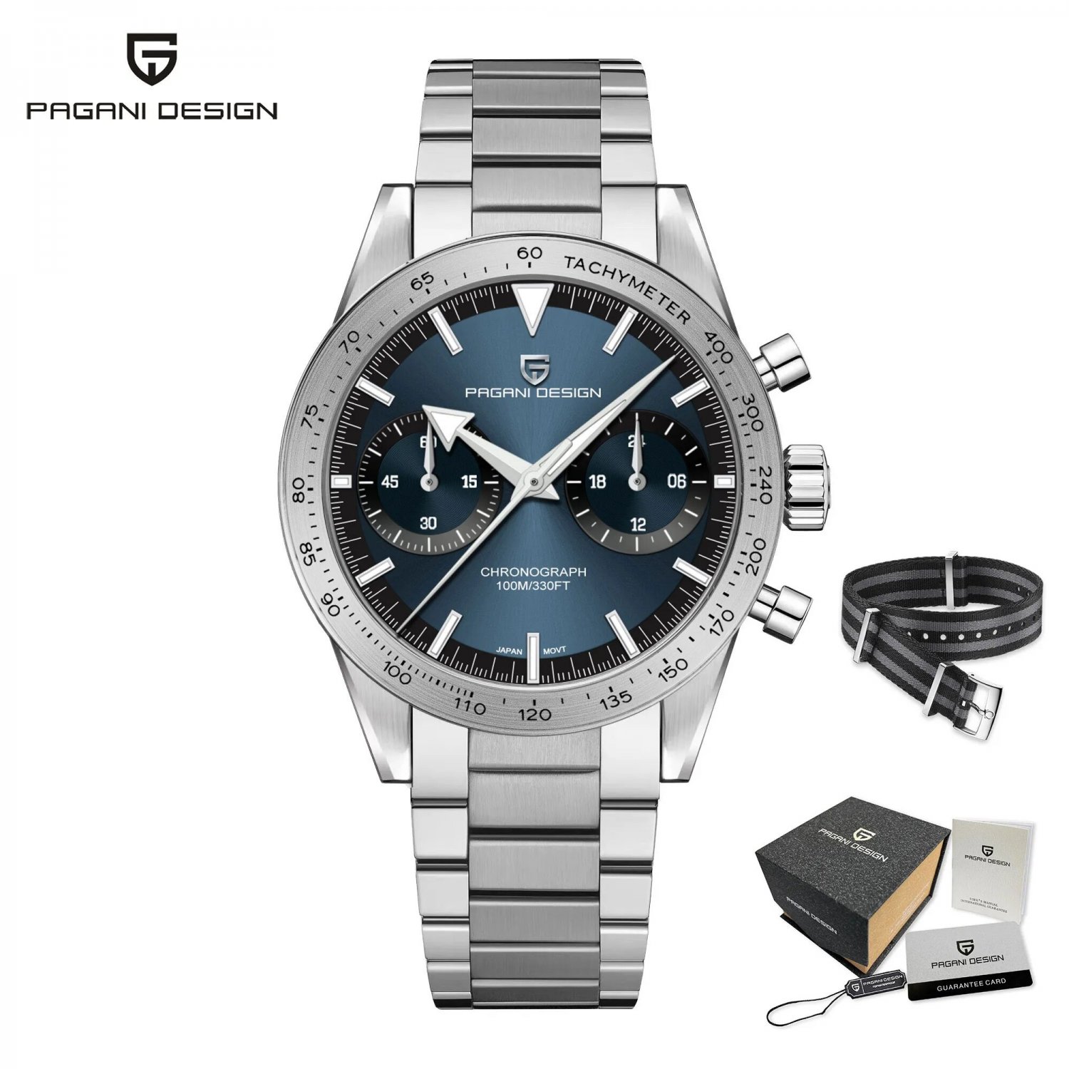 Blue_Wide arrow Moon es Retro Luxury Quartz  For Men Sport speed Chronograph VK64 AR Sapphire glass 