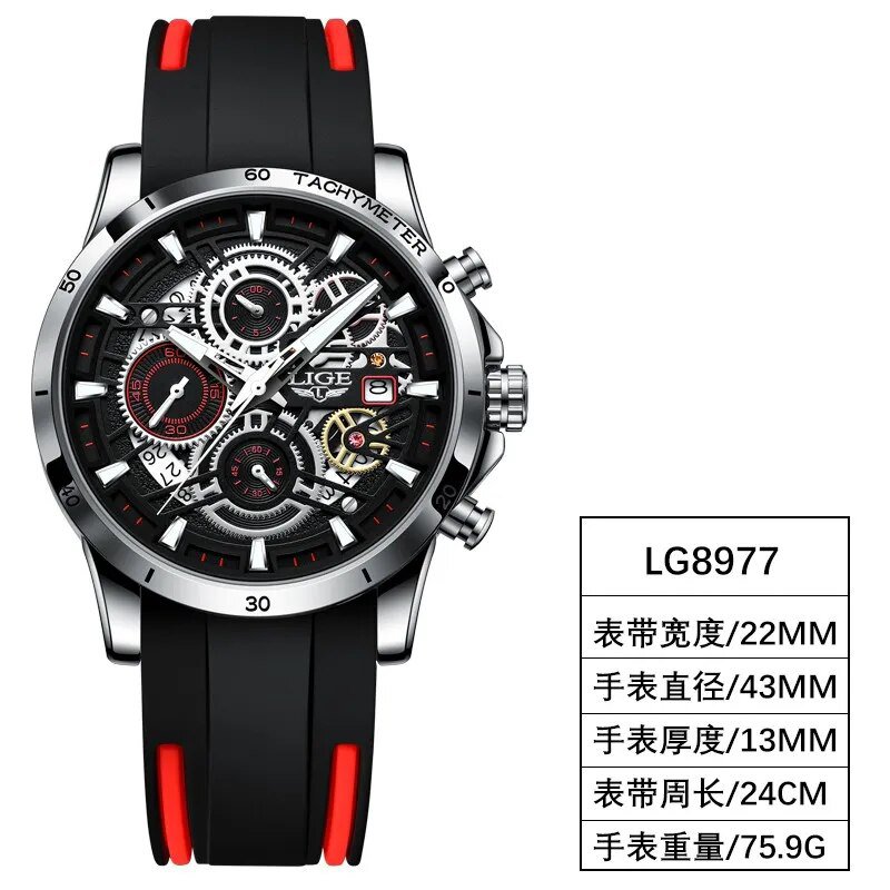 Silver red_2023  Mens Watches Top Brand Stainless Steel Hollow Sports Waterproof Quartz Watch Men Mi