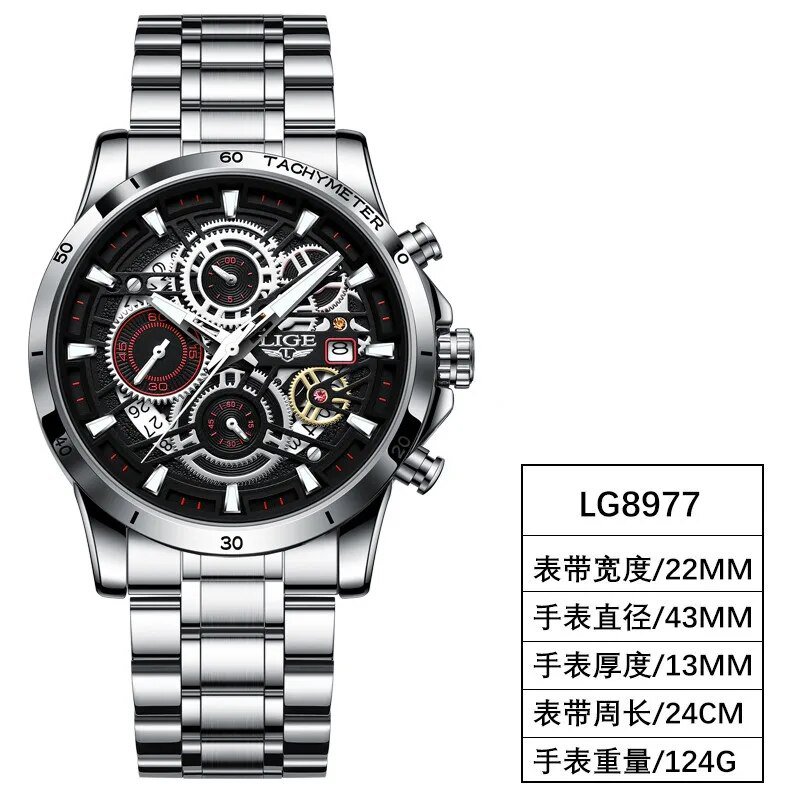 Silver red S_2023  Mens Watches Top Brand Stainless Steel Hollow Sports Waterproof Quartz Watch Men 