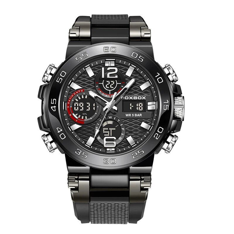 Black_Watches For Men 50M Waterproof Clock Alarm     LCD Dual Display Wristwatch Quartz Military Spo