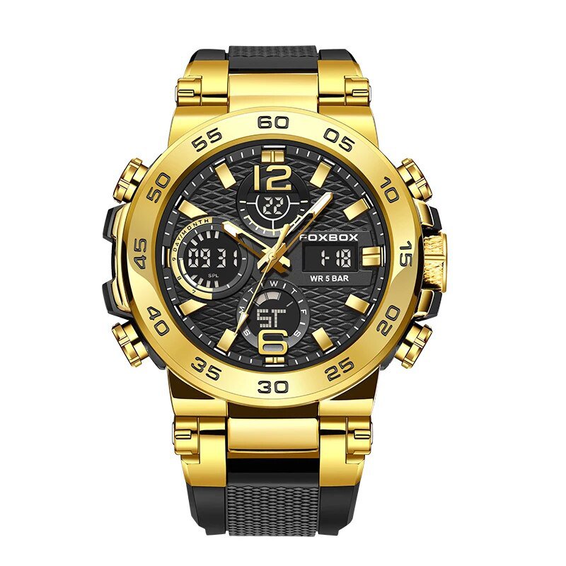 Gold_Watches For Men 50M Waterproof Clock Alarm     LCD Dual Display Wristwatch Quartz Military Spor