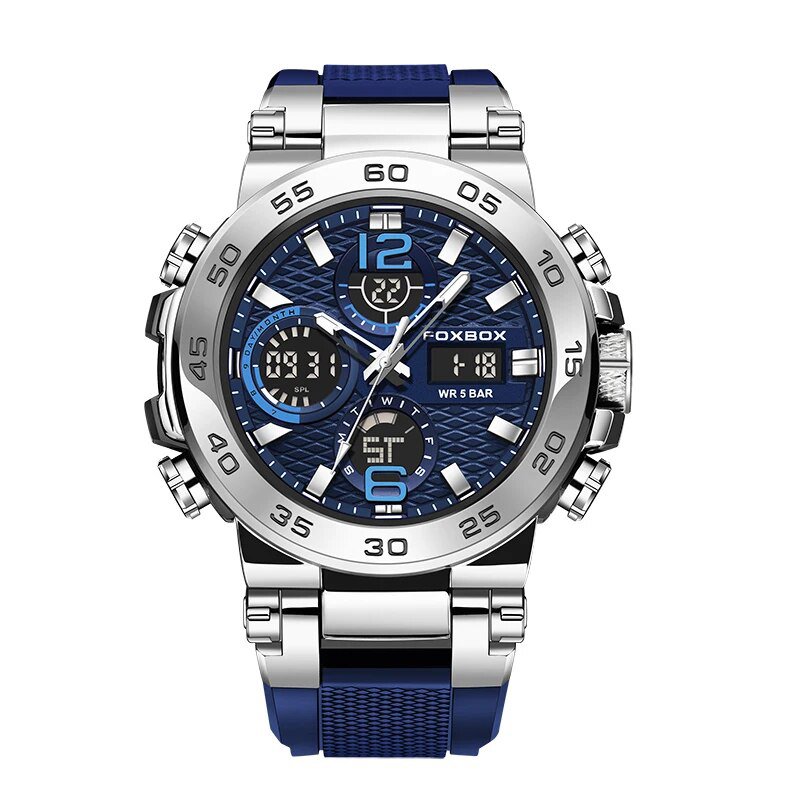 Silver blue_Watches For Men 50M Waterproof Clock Alarm     LCD Dual Display Wristwatch Quartz Milita