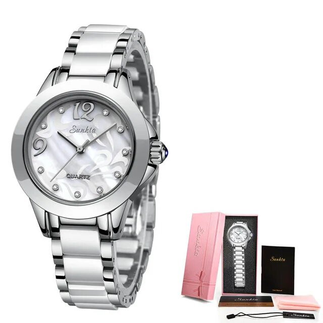 Silver white_SUNKTA 2020  Listing Rose Gold Women Watch Quartz Watch Ladies Top Brand Luxury Female 
