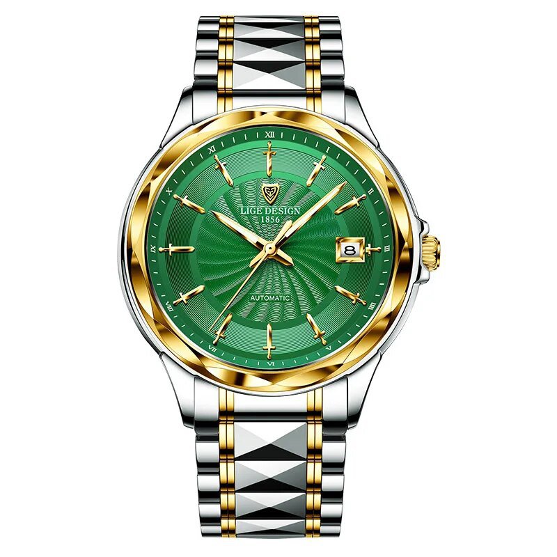 Gold green_2023   Sword-Shaped Pointer Automatic Mechanical Watch Luxury Tungsten Steel 50m Waterpro