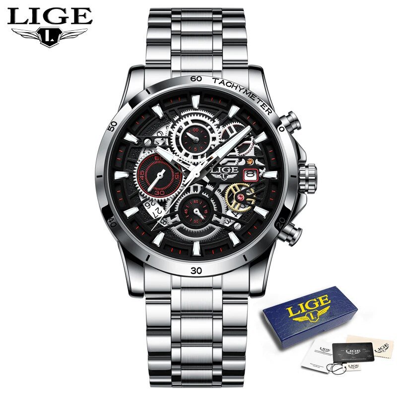 Silver red S_Mens Watches Brand Luxury Silicone Strap Waterproof Sport Quartz Chronograph Military W
