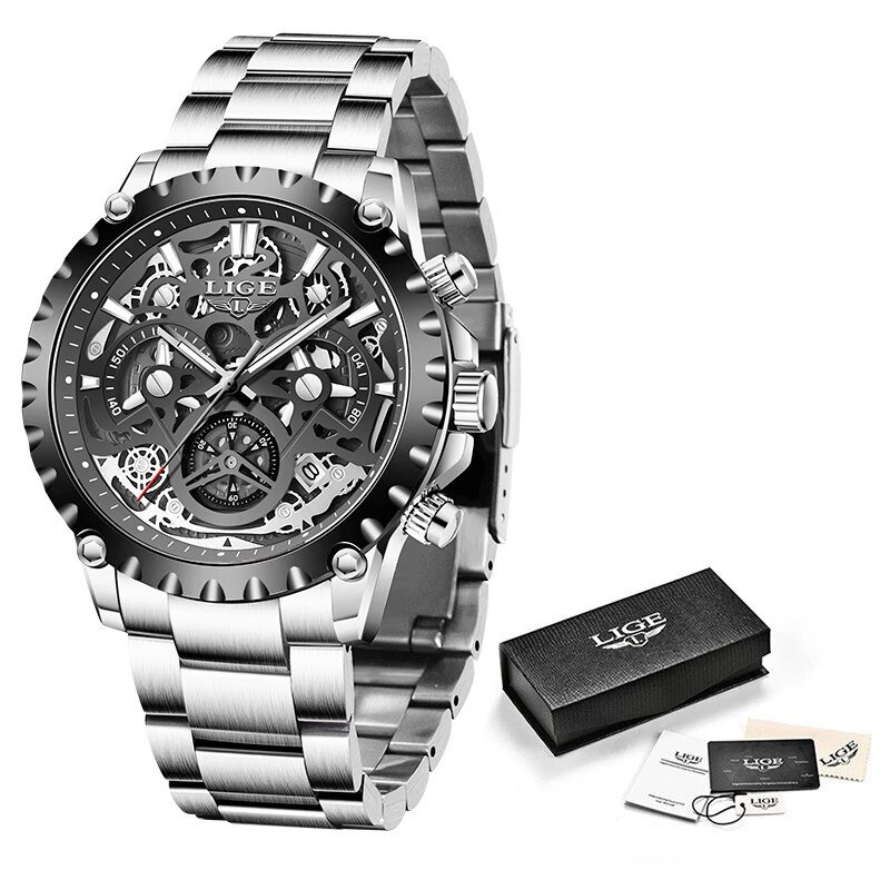 Silver black_2022 Stainless Steel Hollow Mens Watches Top Brand Sport Waterproof Quartz Watch Men Mi