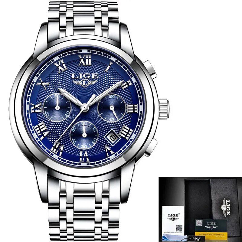 silver blue steel_Watches Men Luxury Brand Chronograph Men Sports Watches Waterproof Full Steel Quar