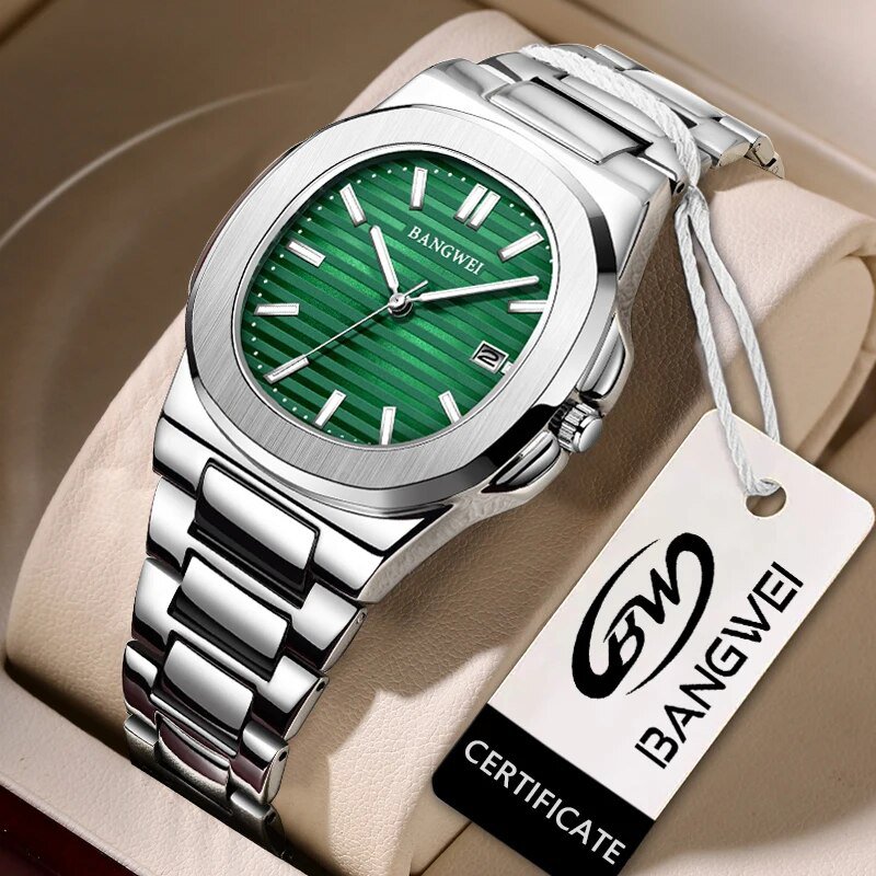 Silver green_2023   Luxury Watch Men Business Waterproof Male Clock Luminous Date Stainless Steel Sq