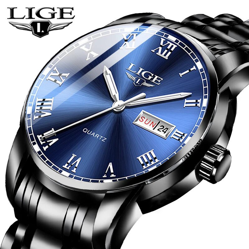 Black blue S_2023  Watches Mens  Top Brand Fashion Date Week Male Stainless Steel Waterproof Busines