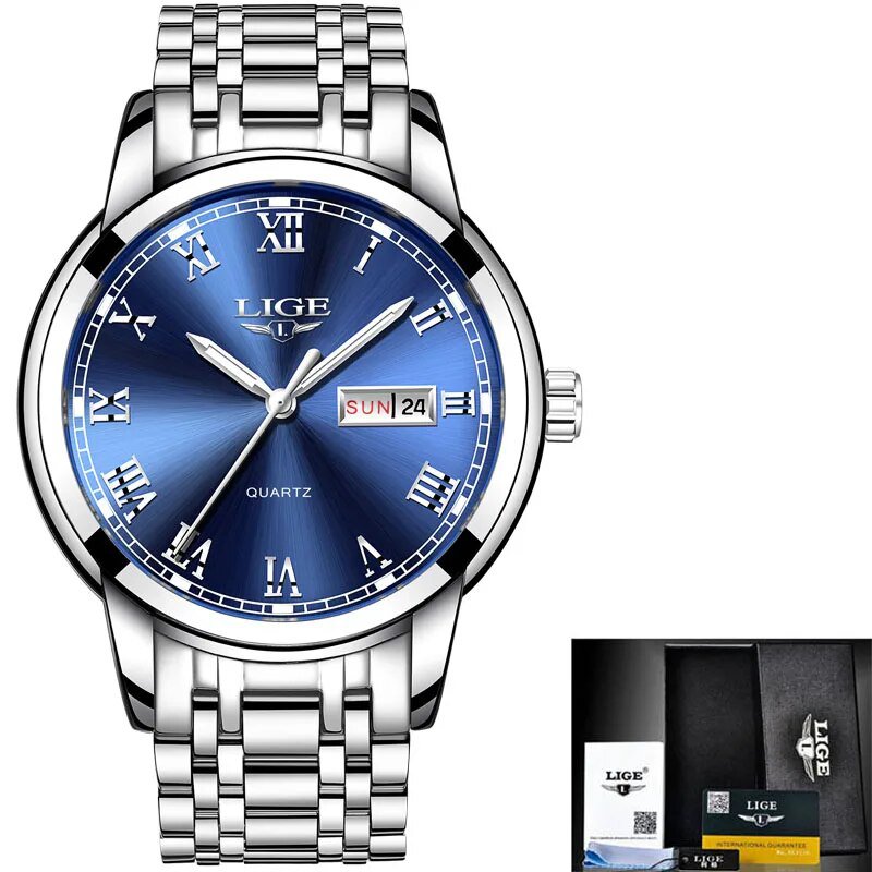 Silver blue S_2023  Watches Mens  Top Brand Fashion Date Week Male Stainless Steel Waterproof Busine