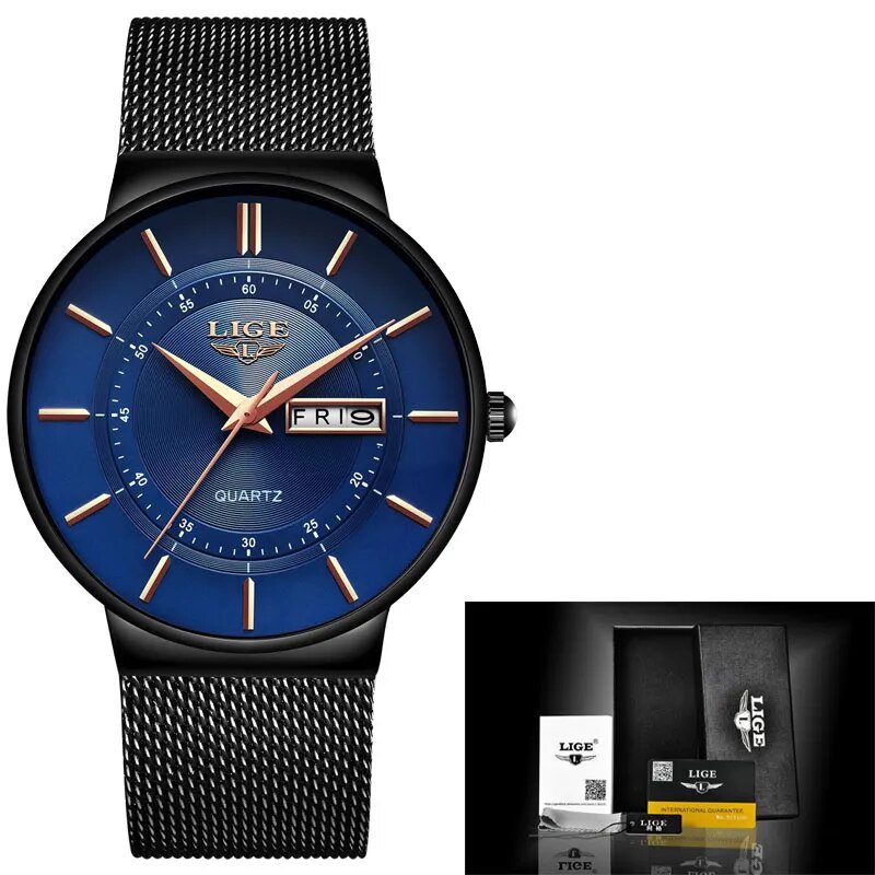 Black blue_Mens Watches Top Brand Luxury Waterproof Ultra Thin Date Clock Male Steel Strap Casual Qu