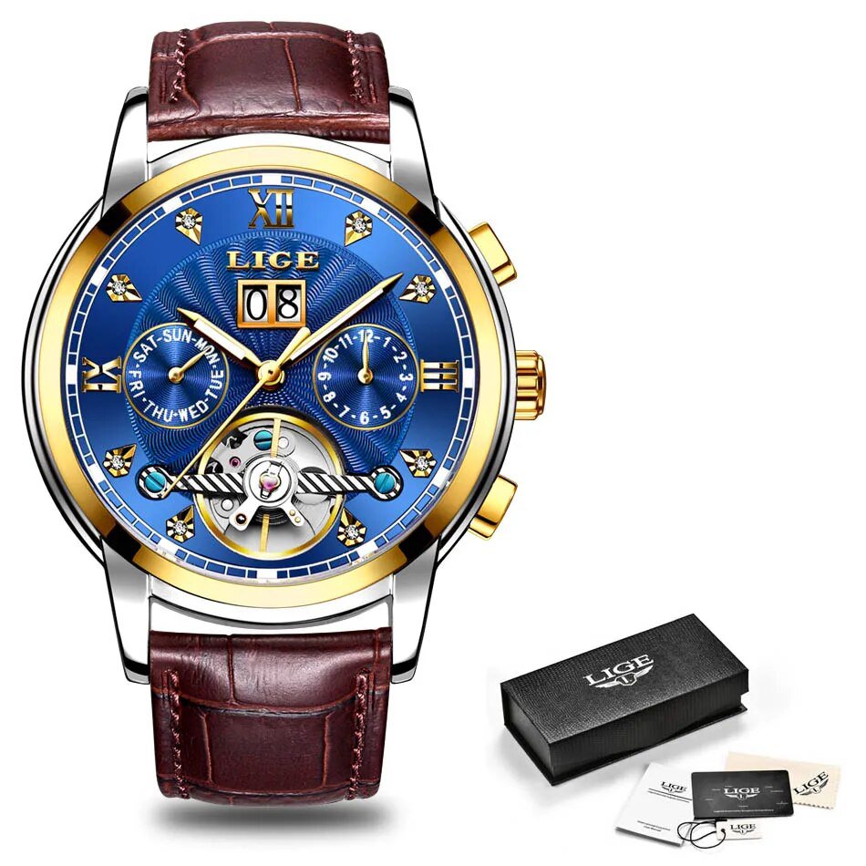 Gold blue L_Business Watch Men Automatic Mechanical Tourbillon Watch Luxury Fashion Stainless Steel 