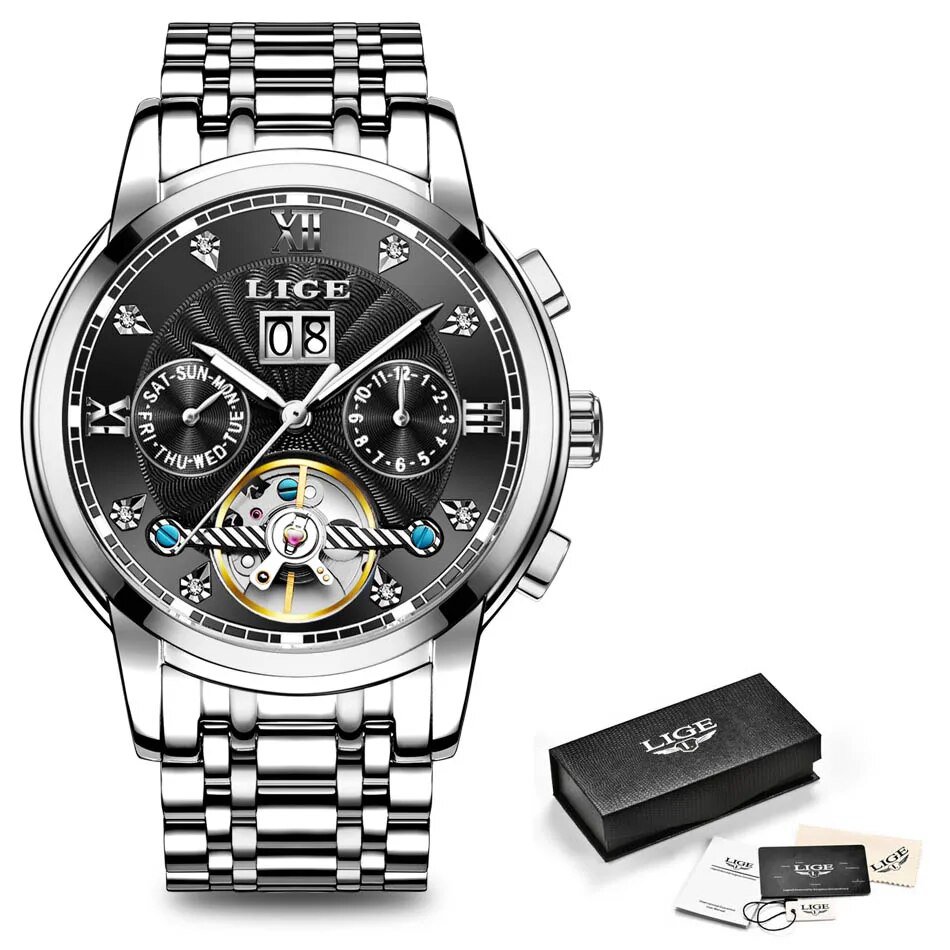 Silver black S_Business Watch Men Automatic Mechanical Tourbillon Watch Luxury Fashion Stainless Ste