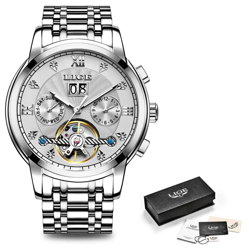 Silver white S_Business Watch Men Automatic Mechanical Tourbillon Watch Luxury Fashion Stainless Ste