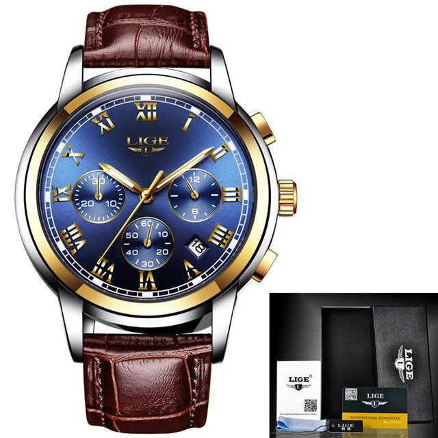 gold blue leather_2023 Men Watch Luxury Top Brand  Sport Chronograph Watches Mens Waterproof Full St