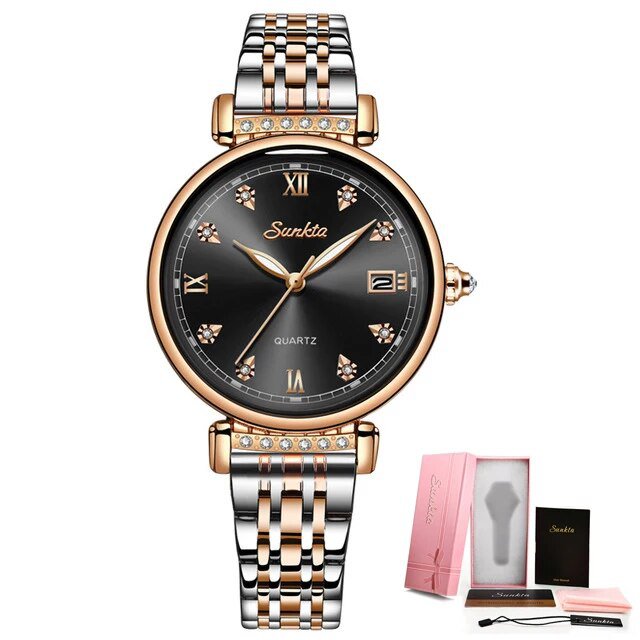 Rose gold black_Brand SUNKTA  Women Watches Business Quartz Watch Ladies Top Brand Luxury Female Wri