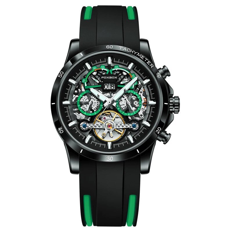 Black green_Automatic Tourbillon Watch for Men Mechanical Skeleton Tourbillon Mens Watches Waterproo