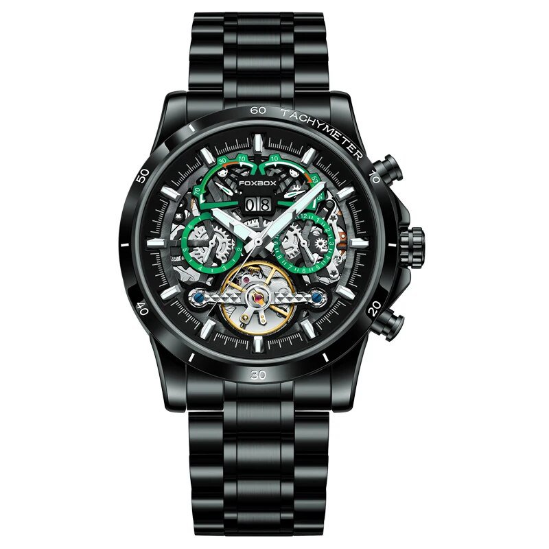 Black green S_Automatic Tourbillon Watch for Men Mechanical Skeleton Tourbillon Mens Watches Waterpr