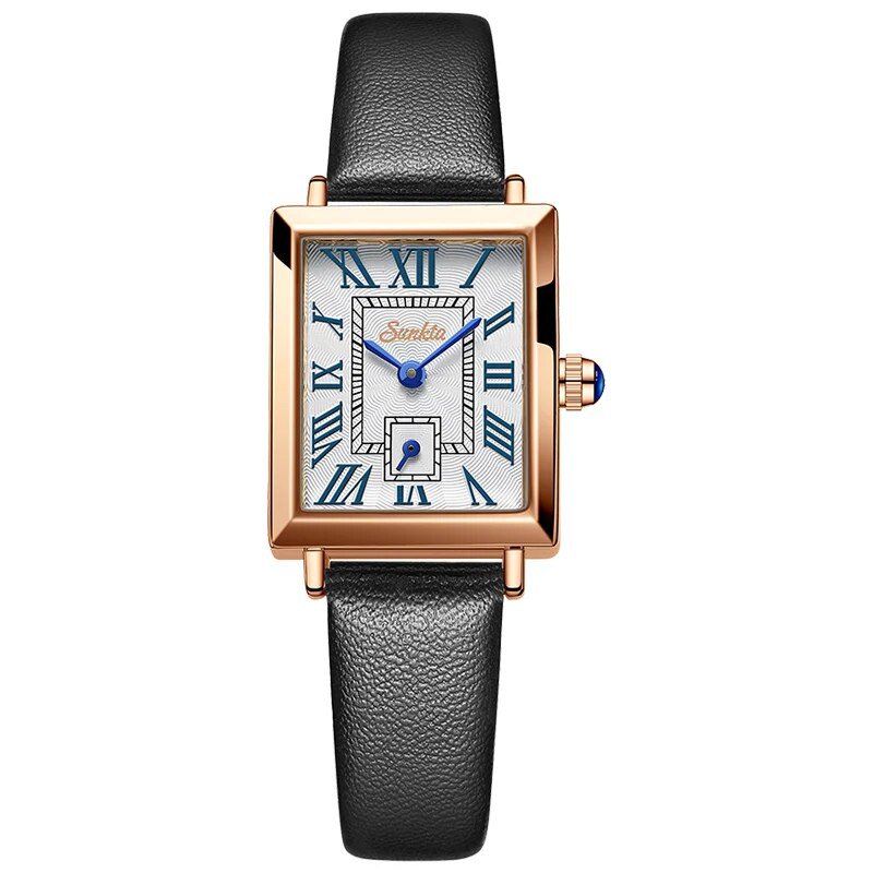 Leather gold white_2021  Brand SUNKTA Women Watches Fashion Square Ladies Quartz Watch Bracelet Set 