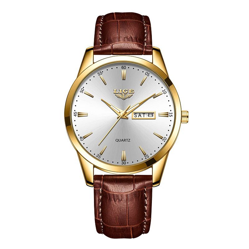 Gold white_Quartz Men Watches Leather Strap Male Wristwatches Top Luxury Brand Luminous Date Week Bu