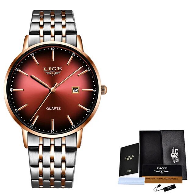 Gold red_2020  Luxury Ladies Watch Women Waterproof Rose Gold Steel Strap Women Wristwatch Top Brand