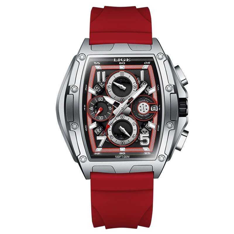 Silver red_Top Brand Luxury Mens Watches Fashion Business Sports Quartz Chronograph Wristwatch Casua
