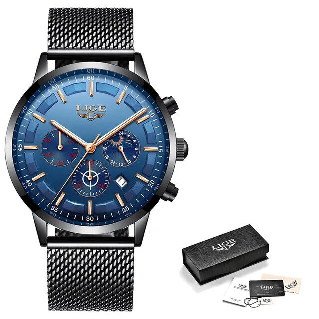 Black rose blue_Top Brand Luxury  Fashion Simple Watch for Men Blue Dial Watch Mesh Belt Sport Water