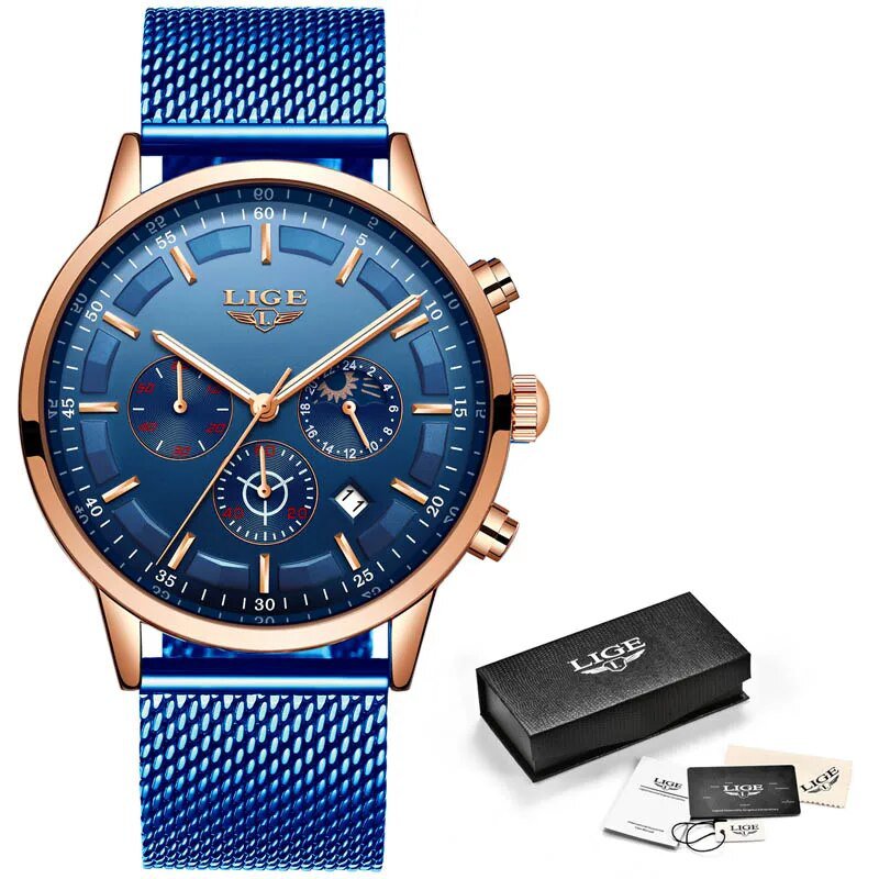 Blue rose blue_Top Brand Luxury  Fashion Simple Watch for Men Blue Dial Watch Mesh Belt Sport Waterp