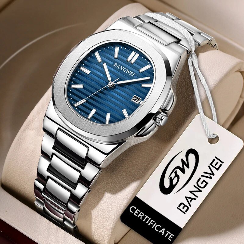 Silver blue_2023   Luxury Watch Men Business Waterproof Male Clock Luminous Date Stainless Steel Squ