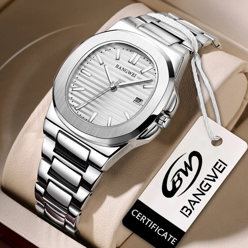 Silver white_2023   Luxury Watch Men Business Waterproof Male Clock Luminous Date Stainless Steel Sq
