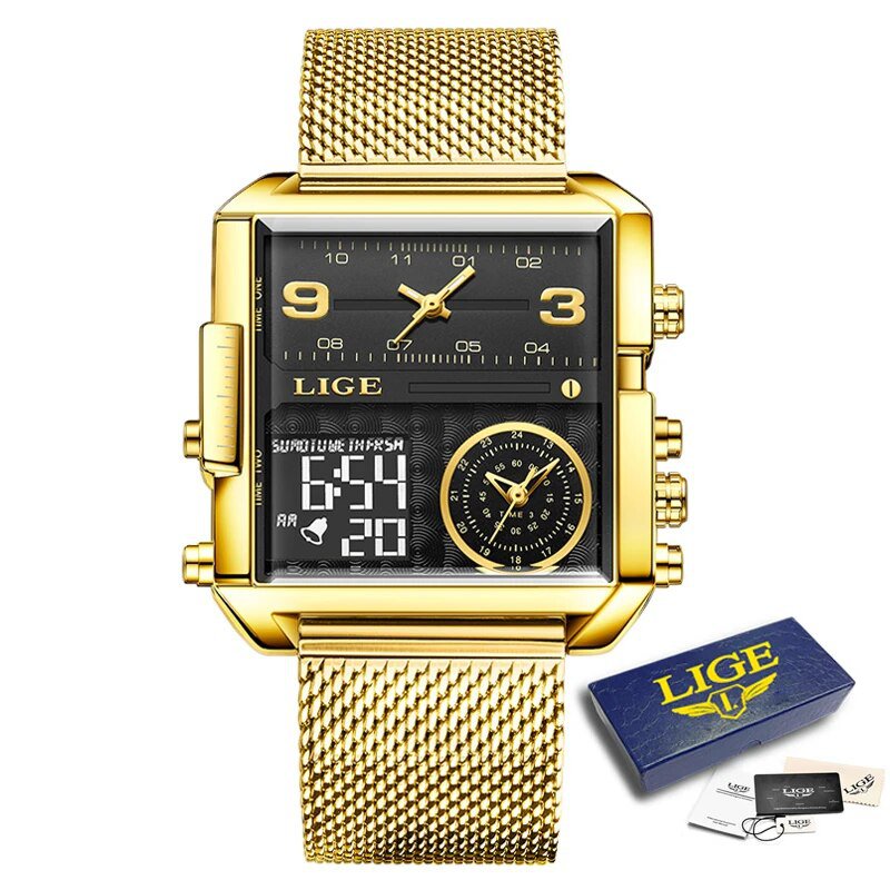 Gold black M_Top Brand Luxury Fashion Men Watches Gold Steel Sports Square Digital Analog Big Quartz
