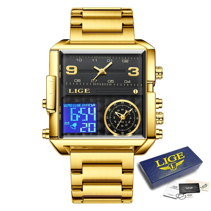 Gold black S_Top Brand Luxury Fashion Men Watches Gold Steel Sports Square Digital Analog Big Quartz