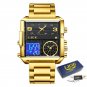 Gold black S_Top Brand Luxury Fashion Men Watches Gold Steel Sports Square Digital Analog Big Quartz