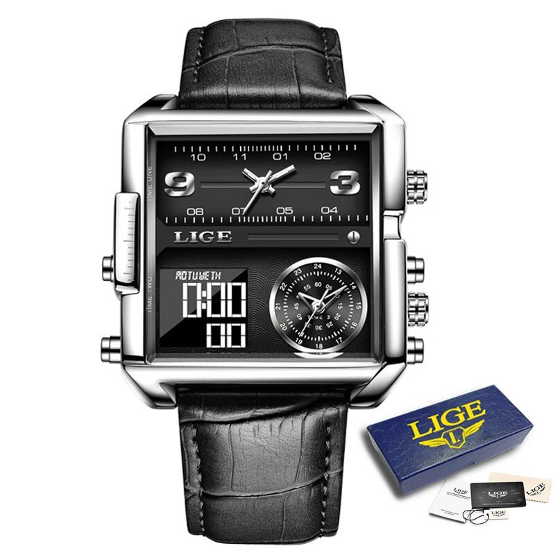 Silver black L_Top Brand Luxury Fashion Men Watches Gold Steel Sports Square Digital Analog Big Quar