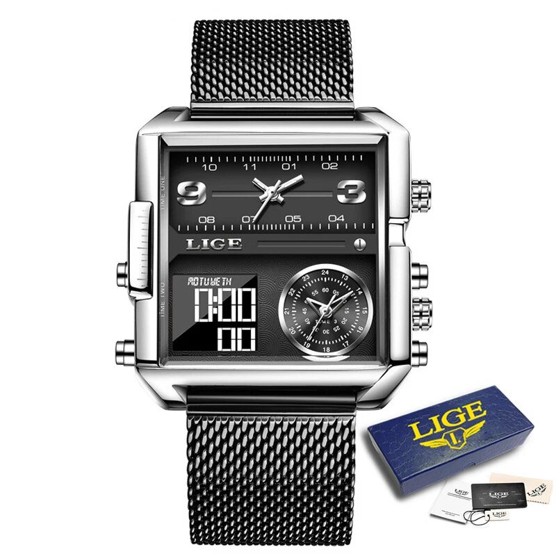 Silver black M_Top Brand Luxury Fashion Men Watches Gold Steel Sports Square Digital Analog Big Quar