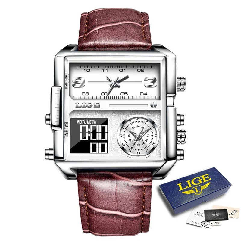 Silver white L_Top Brand Luxury Fashion Men Watches Gold Steel Sports Square Digital Analog Big Quar