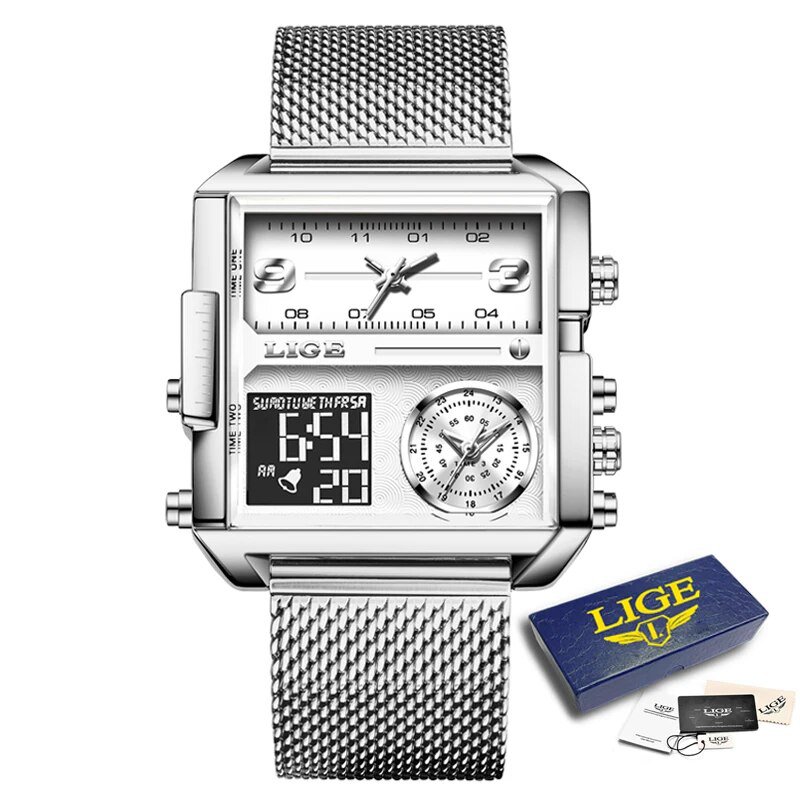 Silver white M_Top Brand Luxury Fashion Men Watches Gold Steel Sports Square Digital Analog Big Quar