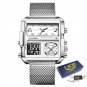 Silver white M_Top Brand Luxury Fashion Men Watches Gold Steel Sports Square Digital Analog Big Quar