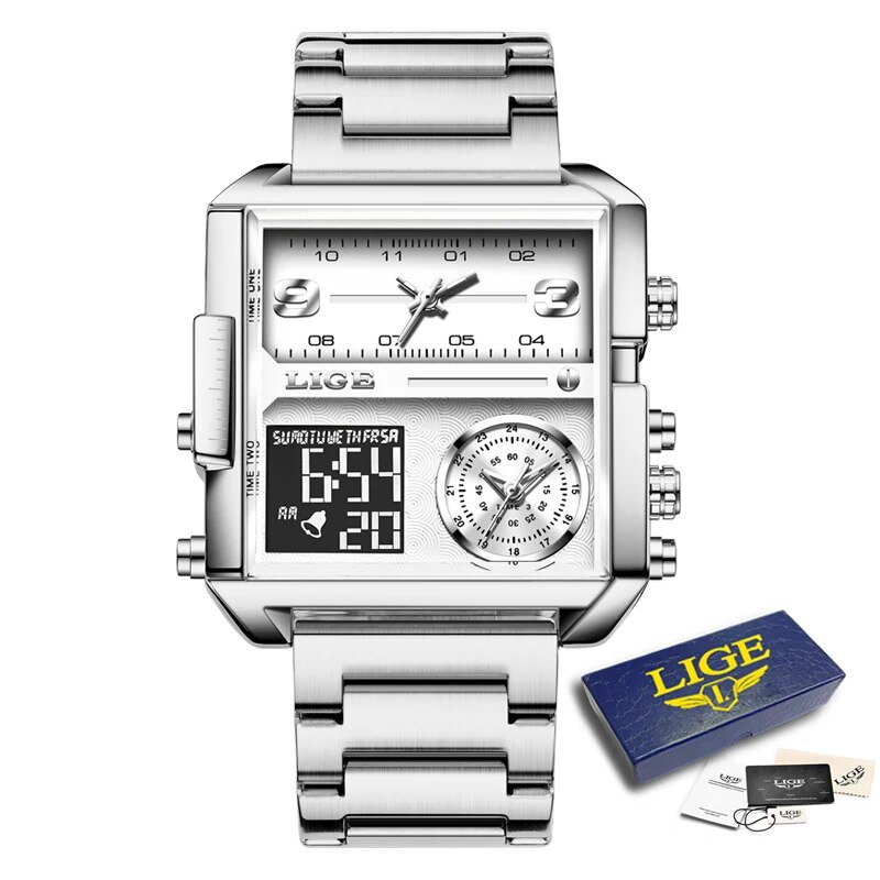 Silver white S_Top Brand Luxury Fashion Men Watches Gold Steel Sports Square Digital Analog Big Quar